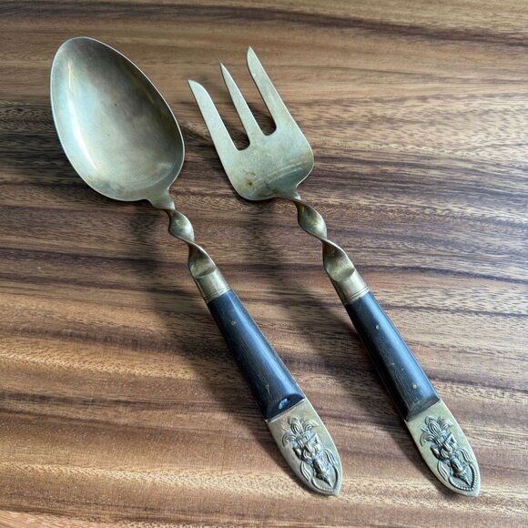 Vintage Vishnu Siam Thailand Bronze Brass Fork And Spoon Set With Intricate Hand - Picture 1 of 9